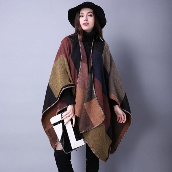 2/$30 NEW Boho Colorblock Earth Tones Ruana Oversized Open Wrap Poncho Blanket - Picture 5 of 11